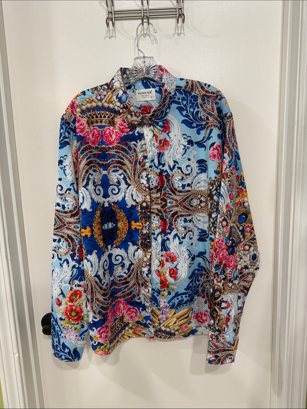 Fohemr Blue Floral Baroque Men's Button-Down Shirt